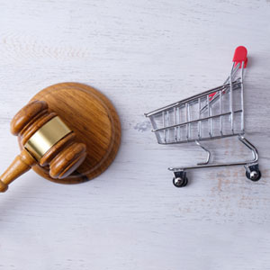 Shopping cart and gavel on white wooden background. Retail Consulting Services - .- Big Catch Consulting